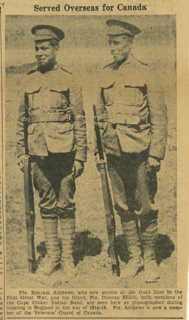 Ephriam Ashkewe and Duncan Elliott. Owen Sound Daily Sun-Times, 1944-02-26, pg. 10